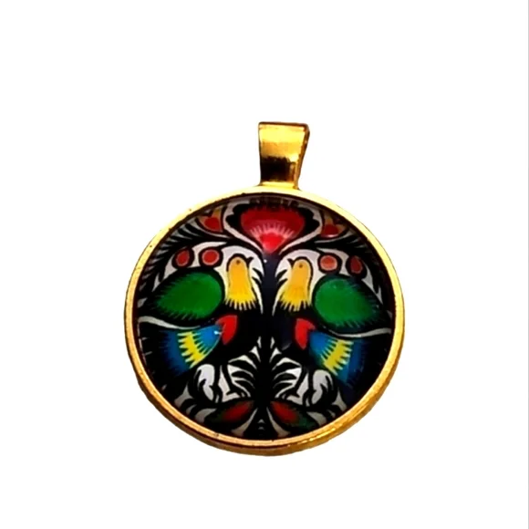 Vintage Eastern European Folk Art Pendant 18K Colorful Bird Motif 1" Medallion - Picture 8 of 11